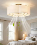 Gaizw Caged Ceiling Fan with Light, Flush Mount 20" Boho, showing soft fabric shade and ambient light in a cozy bedroom.