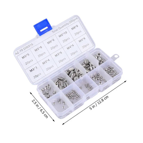 Stainless Steel Hex Socket Grub Screws Kit 200 Piece Assortment For Heavy Duty Gear Locating With Flat Point and Headless Design Pro Grade High Tensile Strength and Galling Resistance for Industrial Use Includes M5 in assorted sizes case