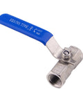 Side view of DERNORD stainless steel ball valve with blue lever handle; 1/4 in NPT female threads.