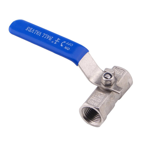 Side view of DERNORD stainless steel ball valve with blue lever handle; 1/4 in NPT female threads.