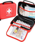 Waterproof EVA First Aid Organizer Kit For Family Use with large capacity, red exterior, clear interior pouches visible.