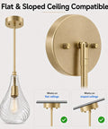 HXXLFONEDP Champagne Gold Pendant Light for Kitchen Island, Clear Glass with flat and sloped ceiling compatibility.