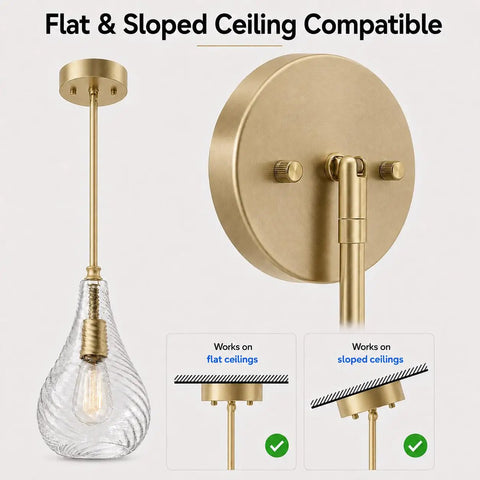 HXXLFONEDP Champagne Gold Pendant Light for Kitchen Island, Clear Glass with flat and sloped ceiling compatibility.