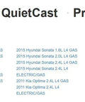 Compatibility list for QuietCast Premium Ceramic Disc Brake Pad Set For Hyundai Sonata And Kia Optima models listed
