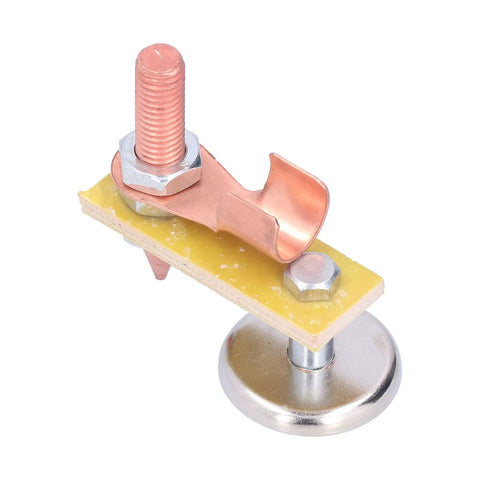 Heavy Duty Magnetic Welding Support With Super Strong Suction And Copper Tail Grounding Tool For Rock Solid Mechanical Repair Work on a metal base with copper wire.