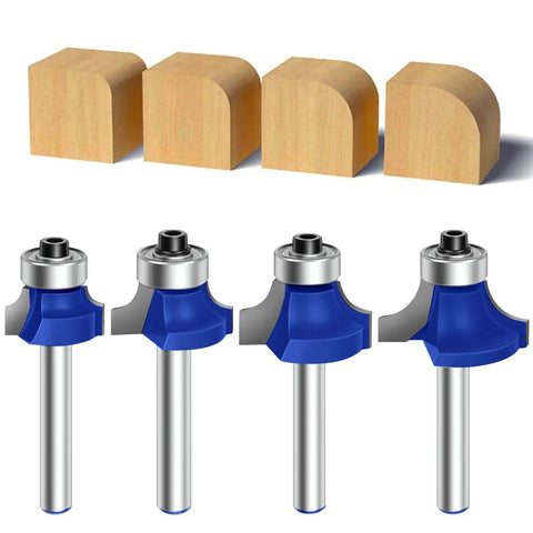 Four Pack Blue Round Over Router Bit Set With 1/4 Inch Shank Radii 1/8 3/16 1/4 5/16 Inches For Woodworking, bits with curved wooden edges