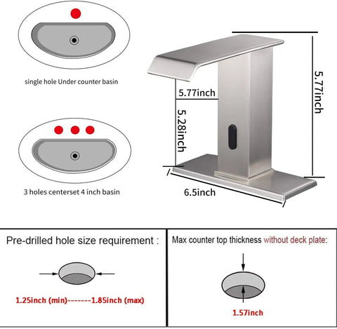 Brushed Nickel Automatic Sensor Touchless Bathroom Sink Faucet dimensions with installation requirements and size details.