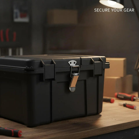 Heavy Duty Toggle Latch With Secure Grip Keeps Hinged Lids And Panels Locked Firm During Transport Perfect For Toolboxes Crates And Gear Boats To Stop Vibration From Banging Open Your Valuable Stuff on a black toolbox.