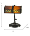 Mica Mission Desk Lamp With Deep Burnt Umber Mica Shade And Scimitar Pattern, 48 Pieces Of Hand Rolled Art Glass In Dark Bronze Finish