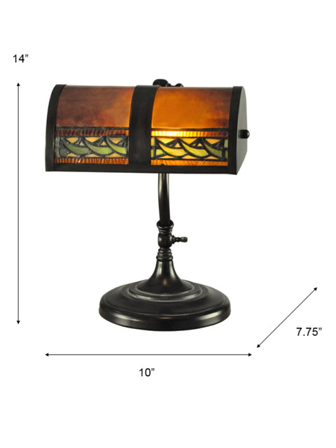 Mica Mission Desk Lamp With Deep Burnt Umber Mica Shade And Scimitar Pattern, 48 Pieces Of Hand Rolled Art Glass In Dark Bronze Finish