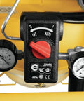 Control panel of Heavy Duty 25 Gallon Vertical Air Compressor With 2 Hp Oil Lube Belt Drive Motor showing pressure gauges and switch.