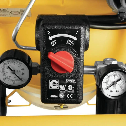 Control panel of Heavy Duty 25 Gallon Vertical Air Compressor With 2 Hp Oil Lube Belt Drive Motor showing pressure gauges and switch.