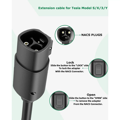 NACS plug end of Heavy Duty 16.4 Ft 50A 240V Tesla Charger Extension Cable for Model Y X 3 S with lock and open functions.