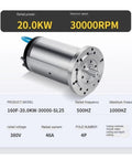 Rock Solid Water Cooled Automatic Tool Changer Electric Spindle BT30 Taper For CNC Milling And Metal Mold Engraving shown with specs.