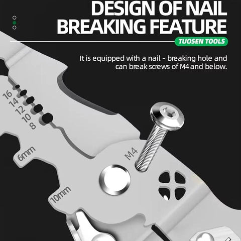 Close-up of 8 In 1 Wire Stripper With Voltage Tester highlighting nail breaking feature with M4 screw