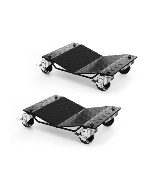 Heavy Duty Vehicle Positioning Dolly Set With Anti Slip V Shaped Tire Platform, 3,000 Lb Capacity Per Set Of Four, Rugged Steel Frame For Safe Moving Of Cars, SUVs, Trucks And ATVs. Pair of black steel dollies with casters
