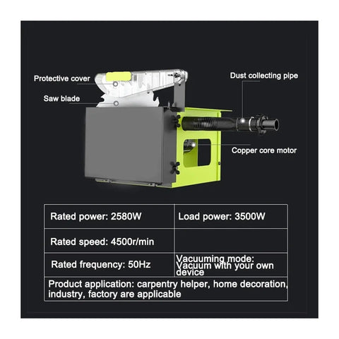 Diagram of 3500W Dust-Free Table Saw For Woodworking All-In-One Desktop Electric Saw with labeled parts and specifications.