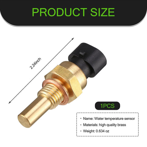 Car engine water temperature sensor with brass body and black plastic connector, 2.24 in long, 1 piece.