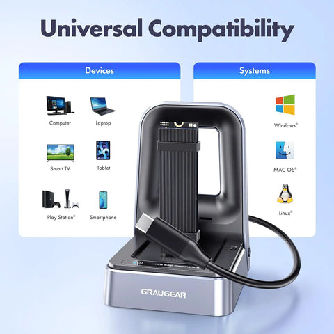 Badass M2 NVMe SSD Docking Station With USB4 40Gbps Transfer Speed Perfect For All PCIe Gen4 Drives And 2280 2230 2242 2260 22110 Formats Plug N Play For Your Rig Fast showing compatibility with multiple devices.