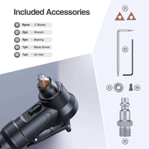 Mulcort pneumatic chamfering tool, black handheld with copper cutting head; includes 6 C-blades and accessories
