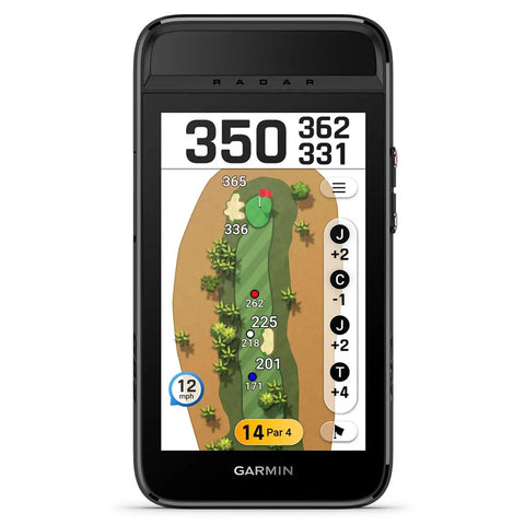 Range-Ready Golf Launch Monitor And GPS Handheld Bundle With Large Color Touchscreen showing course map and yardages.