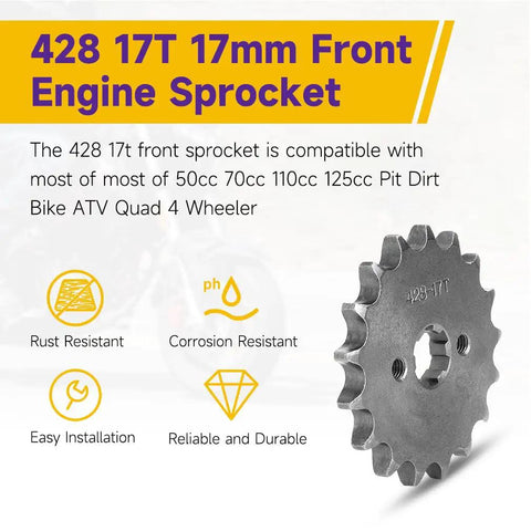 Front 428 Sprocket 17 Tooth 17mm for 50cc to 160cc pit dirt bikes ATV quad, shown with installation features and benefits