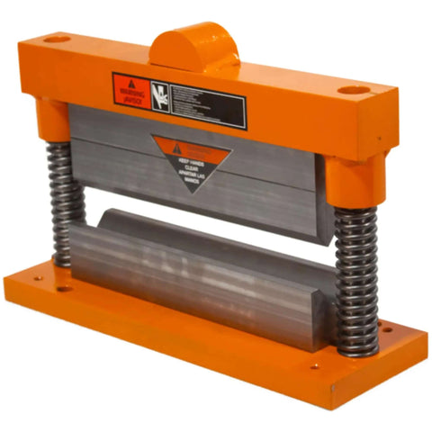 12 Inch Sheet Metal Brake for Ironworker Central Workstation Delivers Up To 26 Ton Maximum Force Heavy Duty 90 Degree Forming Die Set With 10 Gauge Upper Punch And 3/16 Lower Die MP4510 Compatible in orange casing with spring supports.