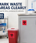 Straight Fire Heavy Duty Waterproof Biohazard Warning Stickers 4X4 Inch decals on red trash bin and cabinet in lab.