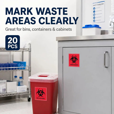 Straight Fire Heavy Duty Waterproof Biohazard Warning Stickers 4X4 Inch decals on red trash bin and cabinet in lab.