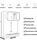 Diagram showing components and specifications of wall mounted hot water dispenser with five temperature controls, gray finish.