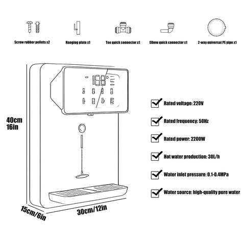 Diagram showing components and specifications of wall mounted hot water dispenser with five temperature controls, gray finish.