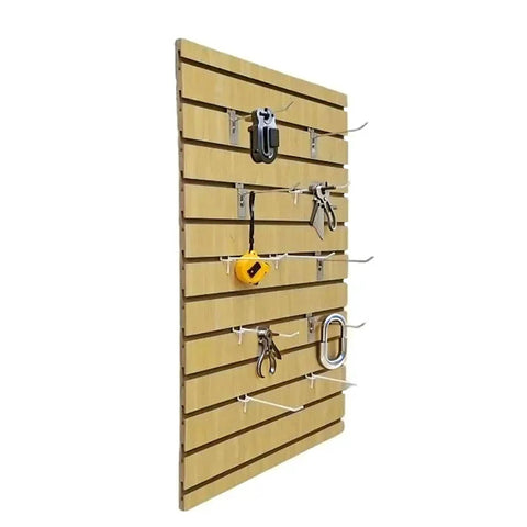 Side view of 24 By 36 Inch Maple Slatwall Panel For Home Garage And Retail Display Flexible Wall Organizer With Accessories