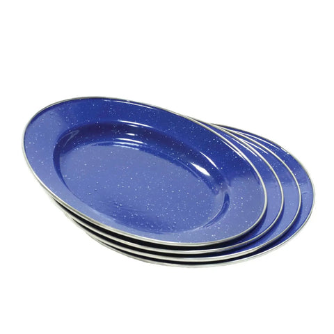 Deluxe 24 Piece Enamel Tableware Set With Blue Finish For Four People Durable Steel Dinnerware For Camping RVs Or Home Use Double Coated Blue Glazed Edges