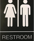 Unisex Braille Restroom Sign With Graphical Symbols And 3M Double Sided Tape For Quick No Fuss Install In Under A Minute 9 By 6 Inches Black Perfect For ADA Compliance Durable Indoor Outdoor Use Easy To Clean. Features male and female symbols.