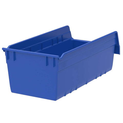 Side view of ShelfMax Plastic Nesting Storage Bins Box Set, 18-Inch L x 8-Inch W x 6-Inch H, Blue, showing durability and stackable design.