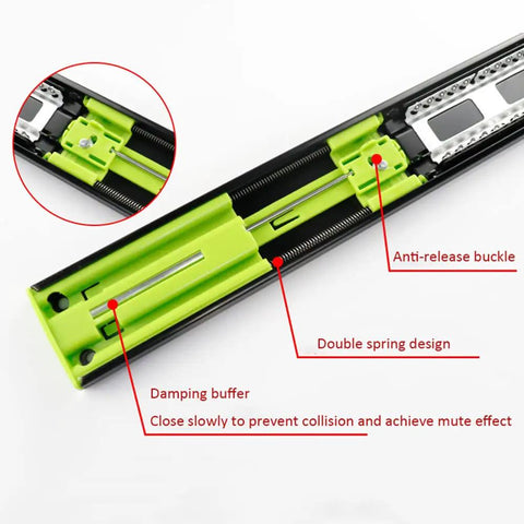 Close-up of Soft Close Drawer Slides With No Fuss 3 Fold Full Extension Telescopic Rails And Damping Buffer, interior view
