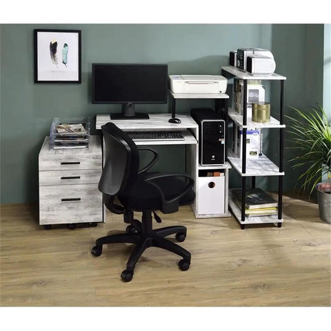 Dope Industrial Style 4 Shelf Bookshelf With Antique White Shelves And Black Powder Coated Metal Frame beside desk setup