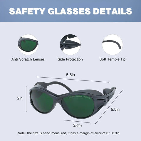 Pro Grade LED Red And Blue Light Therapy Glasses with anti-scratch lenses and side protection, measuring 5.5in x 2.6in.