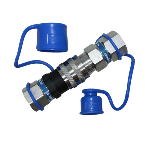 Hydraulic quick-connect coupler set, 1/2 in body, 3/4 in SAE O-Ring Boss threads, ISO 16028, blue dust caps