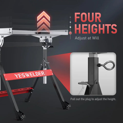Foldable Welding Table With Wheels 20x30 Inch Adjustable Height Workbench Steel Portable Table For MIG And TIG Welding Heavy Duty 400Lb Load Capacity For Pro Grade Projects showing height adjustment feature.