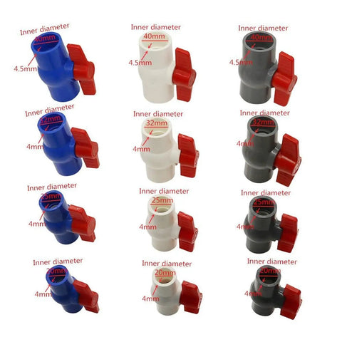 Heavy Duty PVC Ball Valve And U PVC Sliding Pipe Connector For Plumbing Repair Built Like A Tank With Smooth Rotation And Leak Proof Design For No Hassle Repairs On The Fly, showing various sizes.