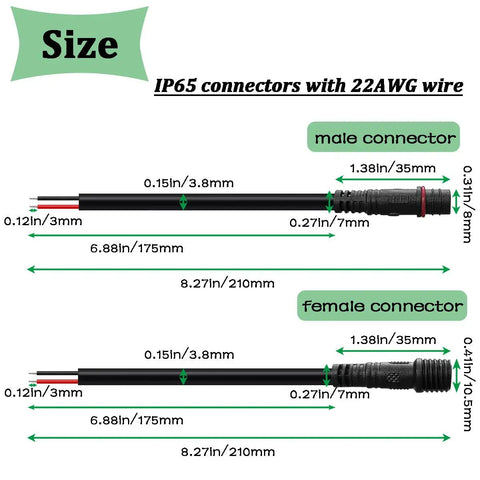 Size guide for Six Pairs 22 AWG 2 Pin Electrical Connector IP65 Waterproof Extension Cable for LED Strip Lights Cars Trucks