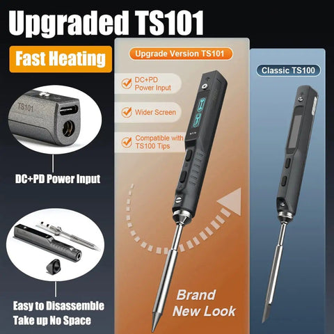 Comparison of Upgraded TS101 and Classic TS100 soldering irons, highlighting features of the Ts101 Portable Soldering Iron With PD And DC Dual Power, 50-400 C Adjustable, Pocket Size Field Repair Tool For Pros, Upgrade From Ts100, No Power Supply Required.