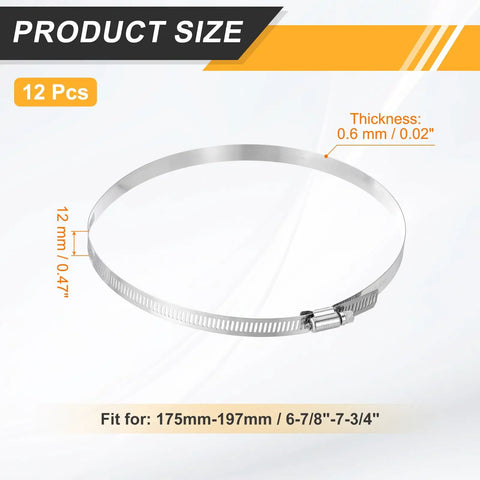 12 Piece Adjustable Worm Gear Hose Clamp Set 6 7 Eighths Inch To 7 Three Quarters Inch Beefy 304 Stainless Steel size chart