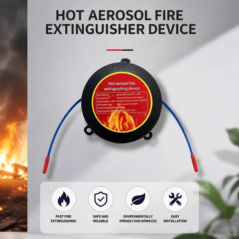 Top Tier Automatic Aerosol Fire Extinguisher Sticker With Super Easy Peel And Stick Mounting For Car Engine Bays EV Battery Cabinets And Electrical Panels Serving Hella Reliable Five Second Flame Shutdown And Totally Maintenance Free Shield That Quickly, black fire extinguisher device with blue and red components.