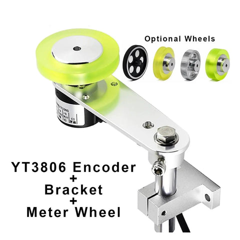 Measuring Wheel, Fixed Installation Bracket with yellow wheel, encoder, and metal assembly for precise measurements.