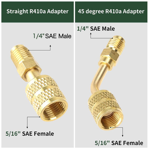 Straight and 45 degree adapters of R410a Mini Split Adapter Kit Pro Grade Easy Install Vacuum Port Converter Five Sixteenths Female To Quarter Inch Male Flare
