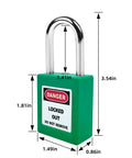 Single padlock from Go-To Lockout Tagout Kit 10 Piece Green Safety Padlock Set With Keyed Different Locks And Two Keys Each OSHA Compliant Electrical Lockout Gear For Safe On Site Lockout Procedures, green color with "Danger" label.