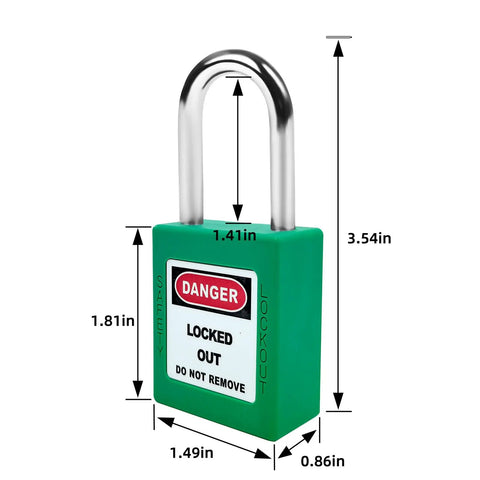 Single padlock from Go-To Lockout Tagout Kit 10 Piece Green Safety Padlock Set With Keyed Different Locks And Two Keys Each OSHA Compliant Electrical Lockout Gear For Safe On Site Lockout Procedures, green color with "Danger" label.