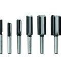 Six Piece Universal Groove Cutter Router Bit Set With Carbide Tips For Soft And Hard Wood And Wood Composites displayed in a row